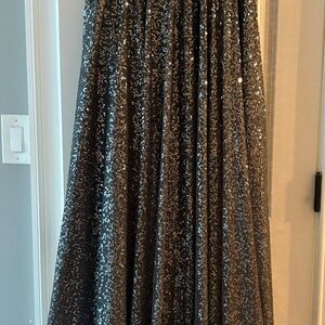 La Femme Charcoal Grey Sequin Strapless Evening Gown